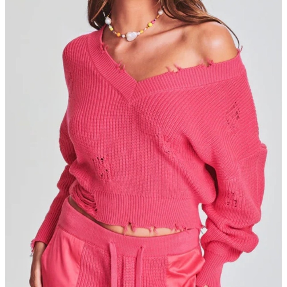 SER.O.YA Womens Deconstructed Off The Shoulder Ribbed Sweater Small Cotton Pink